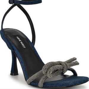 Nine West Denim Sandal Heels With Sparkly Bow Sz 7